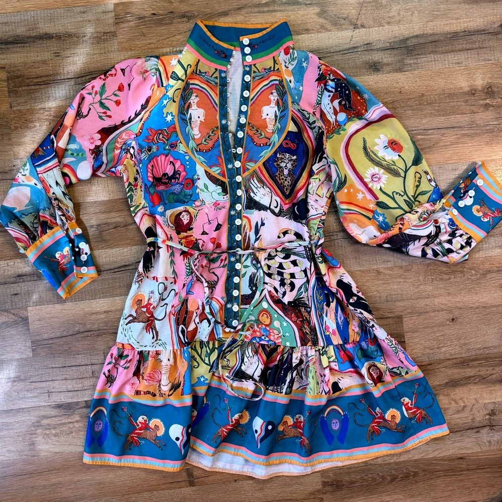 Whimsy Tarot Card Astrology Button Front Mini Dress Folk Boho Art Print